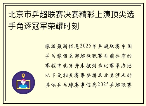 北京市乒超联赛决赛精彩上演顶尖选手角逐冠军荣耀时刻